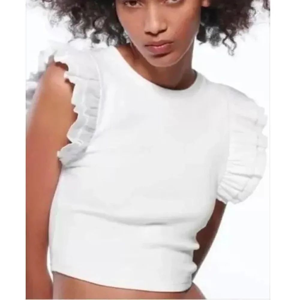 Zara White Ruffle Cropped Tank Top Women’s Large